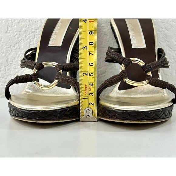 MICHAEL KORS Leather Wedge Sandals Woven Strappy Slip-On Heels Sz 7 6.5 Vintage - Picture 10 of 10
